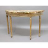 GEORGE III CARVED LIMEWOOD CONSOLE TABLE, of demi-lune form, the green, red and cream marble top