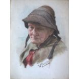 WALTER LANGLEY (1852-1922) A PENSIVE STUDY Signed, watercolour vignette 20 x 15cm. ++ Some slight