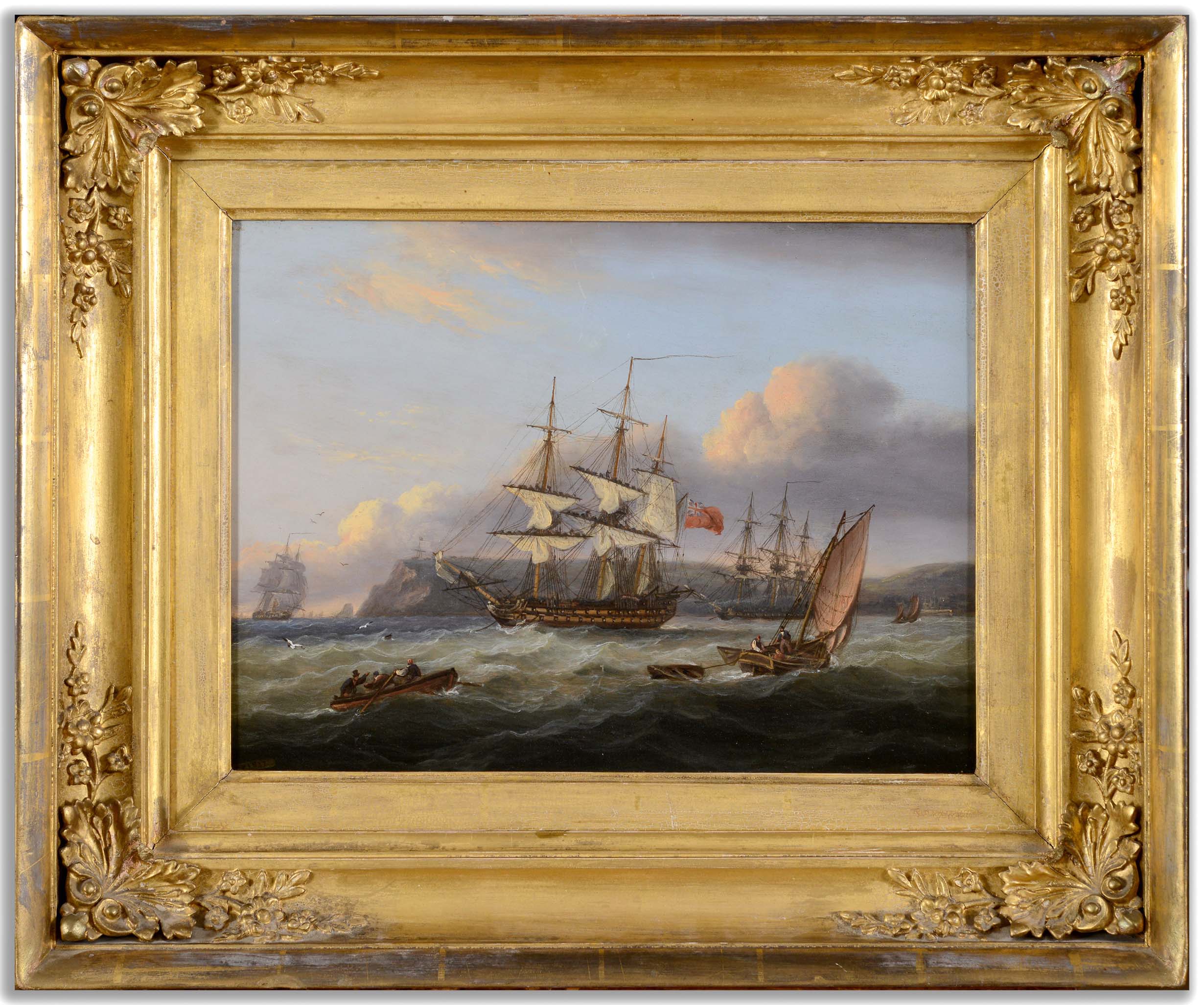 THOMAS LUNY (1759-1837) A `74` COMING TO ANCHOR IN TORBAY, A BRIXHAM TRAWLER SAILING TOWARD BRIXHAM