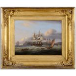 THOMAS LUNY (1759-1837) A `74` COMING TO ANCHOR IN TORBAY, A BRIXHAM TRAWLER SAILING TOWARD BRIXHAM