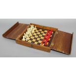 WHITTINGTON STYLE FOLDING, TRAVELLING CHESS SET, late 19th or early 20th century, with bone pieces