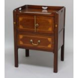 GEORGE III INLAID MAHOGANY COMMODE, the tray top above cupboard and single drawer, height 74cm,