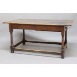 OAK FARMHOUSE TABLE, the rectangular five plank top above single drawer on turned supports and box