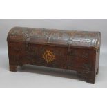 LEATHER BOUND AND BRASS STUDDED DOME TOP COFFER, or travelling trunk, 18th century and probably