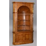 GEORGE III PINE BARREL BACK CORNER NICHE CUPBOARD, with moulded cornice, three shaped shelves and