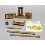 TUNBRIDGEWARE: to include a desk thermometer, height 13.5cm, two lidded boxes, pin dish, page