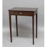 GEORGE III MAHOGANY SIDE TABLE, the rectangular top above a single drawer and tapering square
