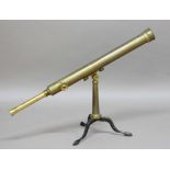 BRASS TELESCOPE, by Wray of London, two drawer with 2 1/4" main lens, on a brass column and iron