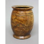 18TH CENTURY TURNED FRUITWOOD JAR, of barrel form, probably continental, height 29cm