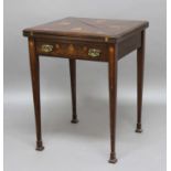 EDWARDIAN MAHOGANY ENVELOPE TOP CARD TABLE, in the Art Nouveau style with inlaid flowers and