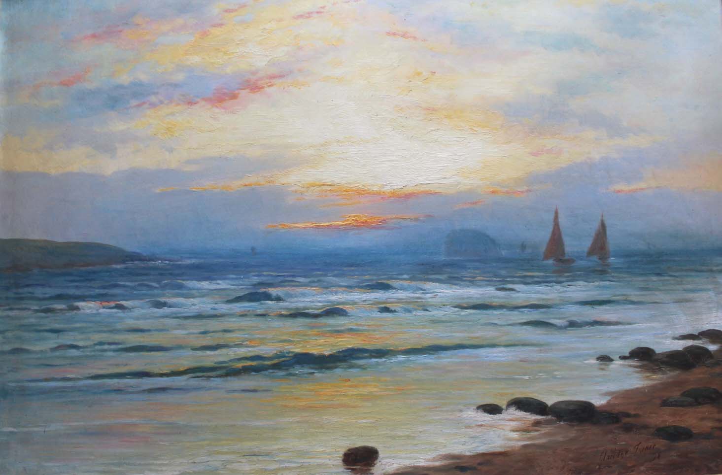 CLARIDGE TURNER (Fl.1882-c.1898) BOATS OFFSHORE AT SUNSET Signed and dated 98, oil on canvas 50 x