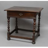 OAK SIDE TABLE, 18th century, with a single drawer, bobbin turned legs and box stretcher, height