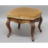 VICTORIAN WALNUT STOOL, with upholstered seat on cabriole legs, height 42cm, width 52cm