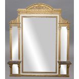 LARGE FRENCH GILT AND PAINTED OVERMANTEL MIRROR, probably late 19th century, the bevelled,