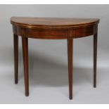 MAHOGANY AND INLAID DEMI LUNE FOLD OUT CARD TABLE, early 19th century, with a baize lined interior