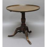 MAHOGANY TRAY TOP TRIPOD TABLE, the circular top on a carved and turned column, the base with leaf
