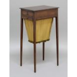 GEORGE III MAHOGANY AND EBONY STRUNG WORK TABLE, with a fitted drawer and silk bag on tapering