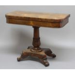 WILLIAM IV ROSEWOOD FOLDOUT CARD TABLE, the rounded rectangular top above a tapering column with