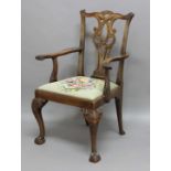 CHIPPENDALE STYLE MAHOGANY OPEN ARMCHAIR, with wavy top rail and pierced splat, on cabriole front