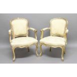 PAIR OF LOUIS XV STYLE GILTWOOD FAUTEUILS, 19th century, with upholstered back and arms, stuffed