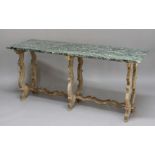 SPANISH LIMED OAK AND MARBLE TOPPED SIDE TABLE, the green and black veined, rectangular marble top