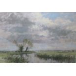 •JAMES LONGUEVILLE (b.1942) CLOUD ABOVE THE LEVELS, SOMERSET Signed, artist's label on backboard,