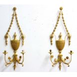 PAIR OF NEO-CLASSICAL GILTWOOD TWO LIGHT WALL SCONCES, the urn beneath harebell swags and supporting