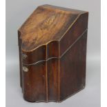 GEORGE III SERPENTINE MAHOGANY KNIFE BOX, the cover with shell inlay and original fitted interior,
