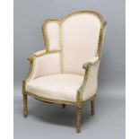 FRENCH LOUIS XVI STYLE GILTWOOD ARM CHAIR, with upholstered back, wings and arms, stuffed over