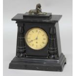 EGYPTIAN REVIVAL BLACK SLATE MANTEL CLOCK, the 4 1/2" gilt dial inscribed Barraud & Lund,