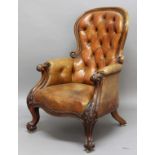 VICTORIAN BUTTON BACK LEATHER ARMCHAIR, with scrolling top rail, arms and front legs, height