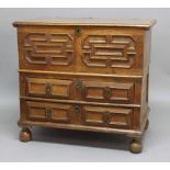 CAROLEAN STYLE OAK CHEST ON BASE, late 17th century and later, the hinged top, with pin hinges and