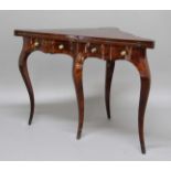 18TH CENTURY TRIANGULAR FOLD OUT CARD TABLE, probably rosewood and French, the crossbanded top above