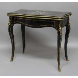 FRENCH EBONISED AND INLAID SERPENTINE FOLD OUT CARD TABLE, 19th century, the top inlaid in brass,