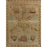 LARGE VICTORIAN SAMPLER, by Catherine Morgans, worked in wool with ships, trees, peacocks and a