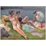 •STEPHEN BONE (1904-1958) THREE BATHERS, INCLUDING THE ARTIST'S WIFE MARY Oil and pencil on wood