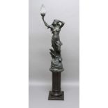 AFTER CHARLES PERRON, 'Le Reveil de la Source', a patinated spelter figural lamp on a later column