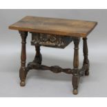 OAK STOOL, late 18th or 19th century, the solid seat above a drawer with carved, painted and bone