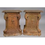 PAIR OF CAST IRON PLINTHS, late 19th century, possibly French, the square tops with a moulded rim on