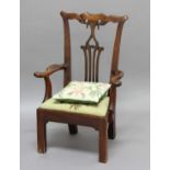 CHIPPENDALE STYLE CHILD'S MAHOGANY OPEN ARMCHAIR, with pierced splat, scrolling arms and drop-in