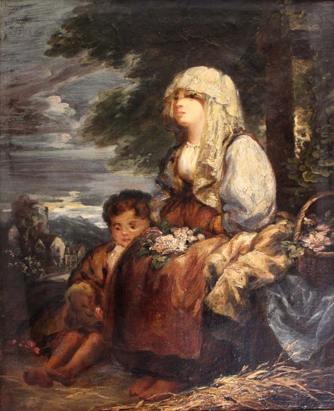 FRENCH SCHOOL (?). 19th CENTURY COUNTRY GIRL AND A CHILD SEATED BY A TREE Indistinctly signed or