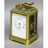 FRENCH BRASS CARRIAGE CLOCK, the enamelled dial on a brass, eight day movement half hourly