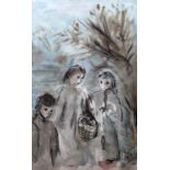 •ELINOR BELLINGHAM-SMITH (1906-1988) THREE CHILDREN BY A MISTY POND Signed with initials,