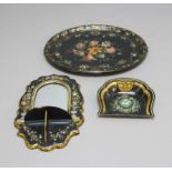PAPIER MACHE TRAY, CRUMB SCOOP AND WALL MIRROR, 19th century, all decorated with mother-of-pearl and