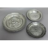 TWO FRENCH PEWTER PLATES, one decorated with a salamander, the other with a crown and Fleur de