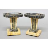 PAIR OF ART DECO MARBLE STANDS, the octagonal shallow dishes on tapering stems and stepped marble