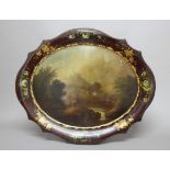 LARGE TOLE PEINTE OR JAPANNED TRAY, late 18th or 19th century, of scalloped oval form painted with