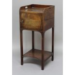 GEORGE III MAHOGANY TRAY TOP BEDSIDE CABINET, with three quarter gallery, single door, square