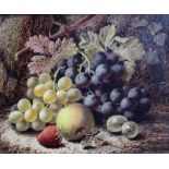 OLIVER CLARE (1853-1927) STILL LIFE OF GRAPES, GOOSEBERRIES, APPLE AND A STRAWBERRY Signed, oil on