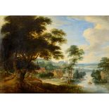 FOLLOWER OF JAN BRUEGHEL I (1568-1625) EXTENSIVE RIVER LANDSCAPE, WITH COUNTRYFOLK AND ANIMALS Oil